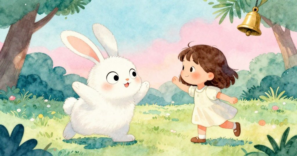 莉莉與獨特兔子在公園中歡快對話,鈴聲突響引起驚喜,臉上洋溢著快樂與互動的溫馨神情