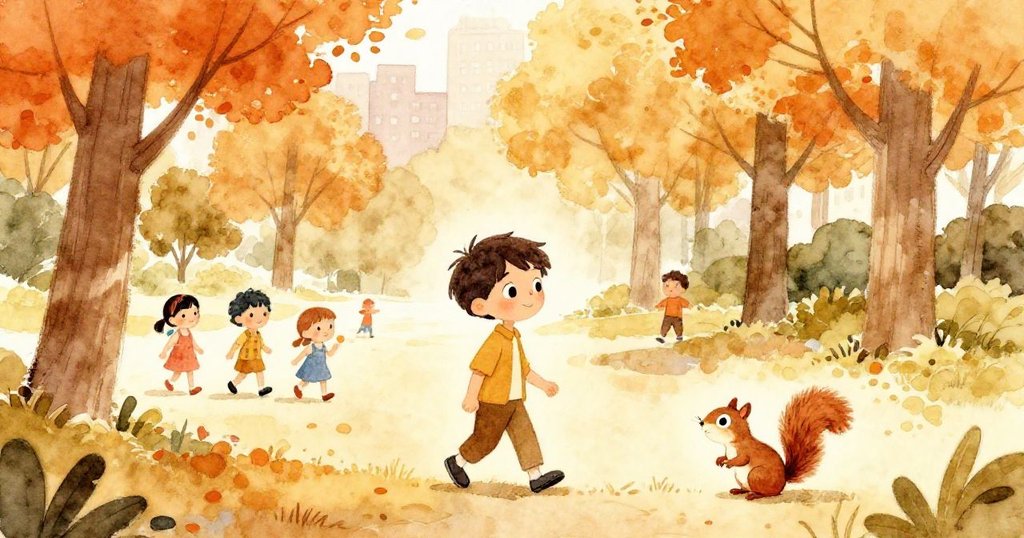 湯姆在寧靜的城市公園漫步,與好奇孩童和活潑松鼠互動,展現出陽光明媚、溫暖歡樂的氛圍。