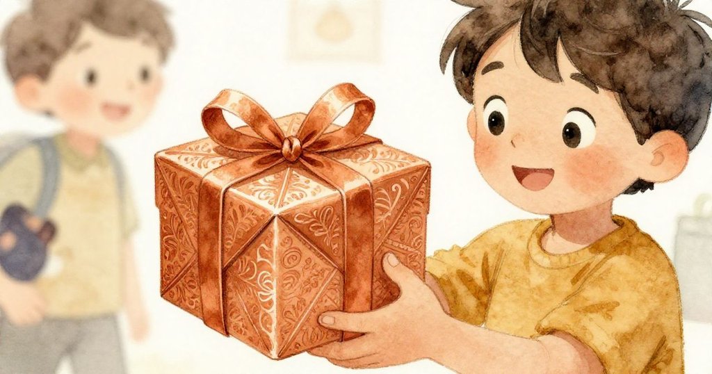 湯姆細心握著精美包裝的禮物,手部特寫展示出細緻紋理,背景隱約顯示出充滿溫暖情懷的公園景致。