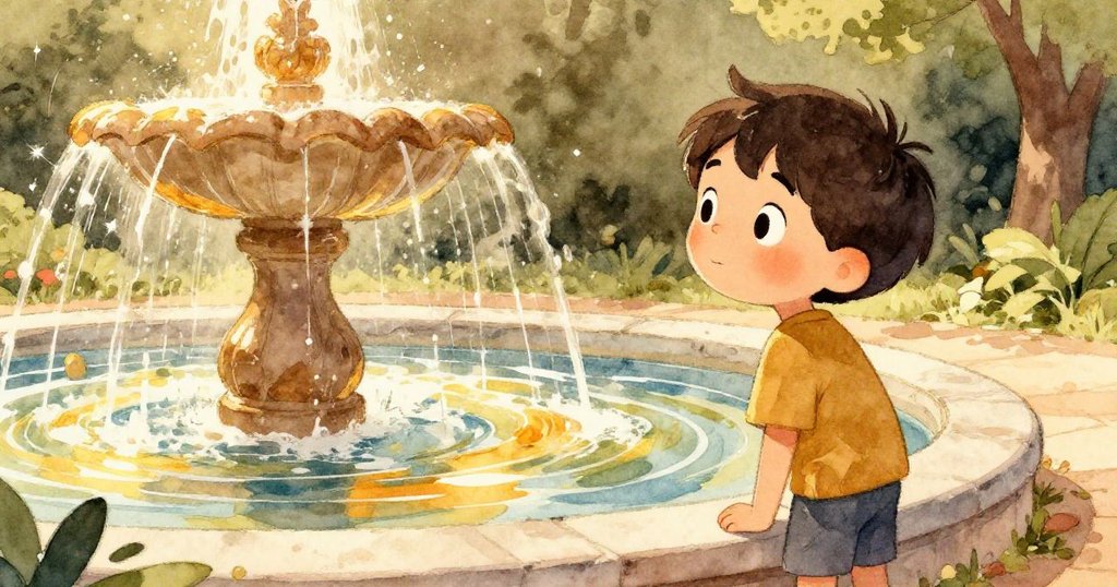 湯姆在閃亮噴泉旁凝視自己倒影,水花飛濺映出活力,展現出公園中迷人光影與內心驚奇。