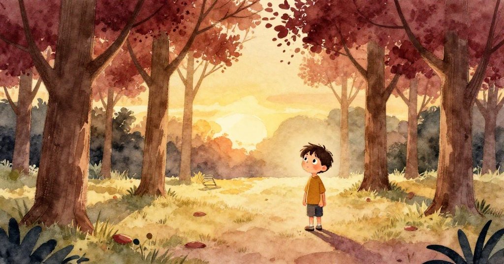 隨著微風輕拂,公園從晨光轉為傍晚,湯姆靜賞落日餘暉與搖曳樹影,散發出寧靜感動。