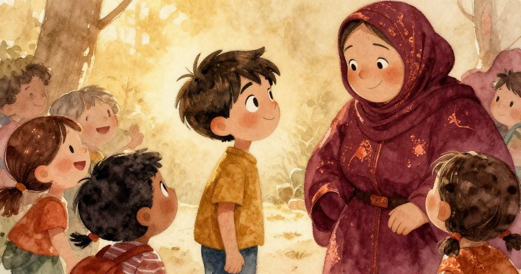 女士面帶微笑迎向湯姆,快樂孩童圍繞嬉戲,畫面充滿歡樂和溫馨慶祝的公園氣氛。