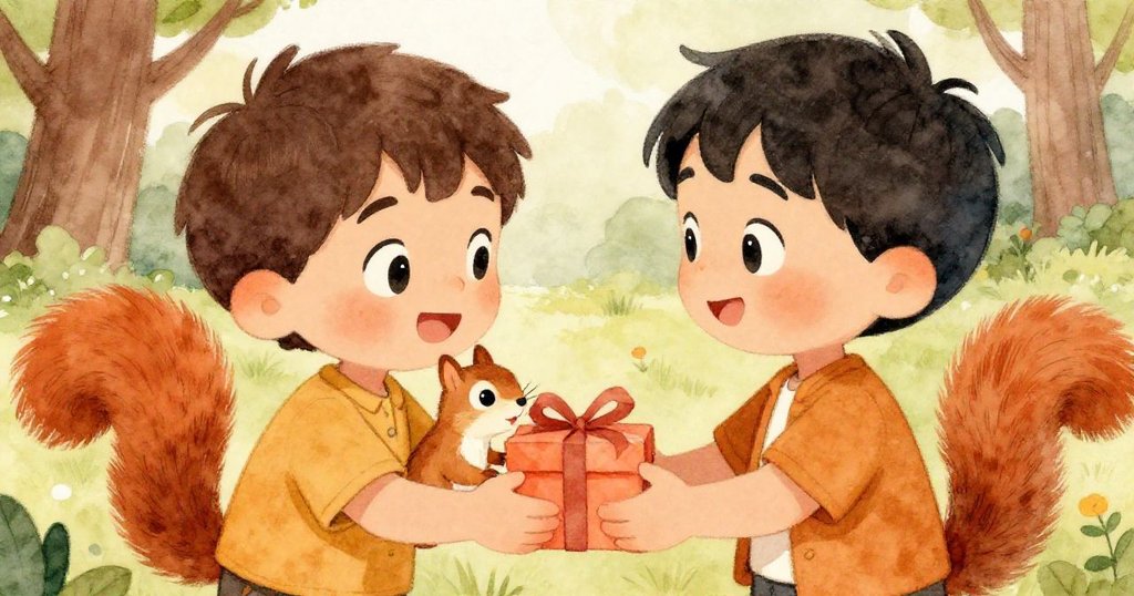 活潑松鼠輕柔回贈禮物給湯姆,兩者互動溫馨感人,展現出公園裡意外快樂且滿懷驚喜的瞬間。