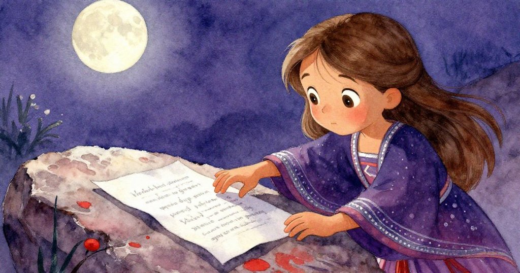 Mia在月夜下輕觸岩石上飄落的手寫便條，神情溫柔好奇，細節展現便條紙張與柔和月光交織。