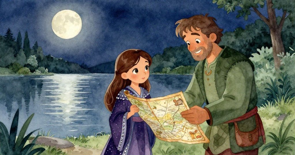 Mia與和藹陌生人在綠洲旁觀月光映水，聚精會神研究古老地圖，展現神秘且溫暖的夜晚交流情景。