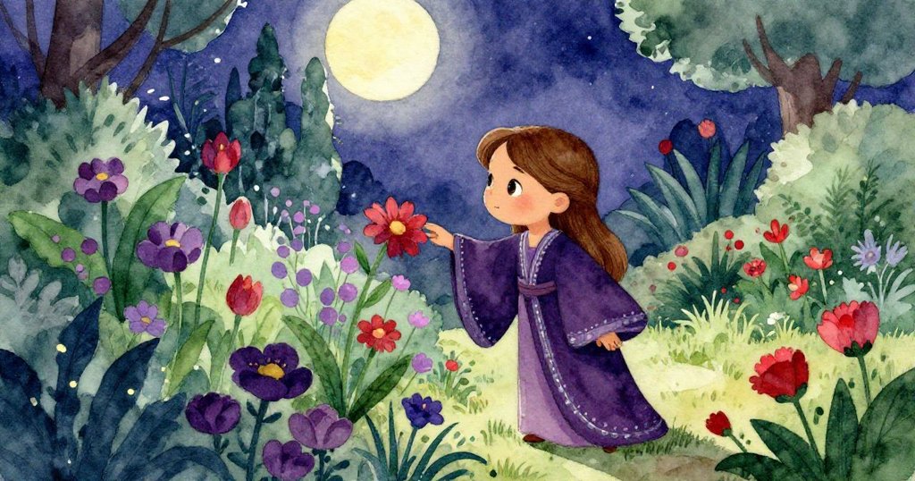 Mia在月夜花園中踱步，輕觸盛開花朵感受芳香，背景花燈與夜色交織呈現寧靜而生動的情境。