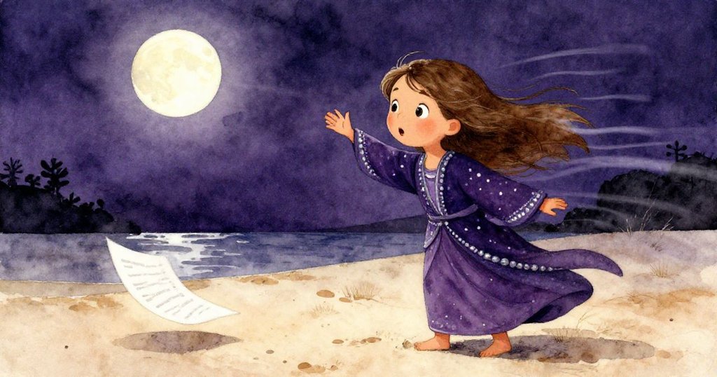 Mia在月色沙地上驚訝注視被風捲動飛舞的紙條，臉上表情生動流露好奇與驚喜，夜晚充滿動感。