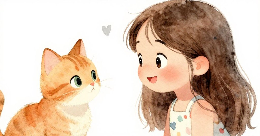 女孩露出燦爛笑容凝視貓咪，眼神充滿愛意與好奇，背景花朵隱現公園中美好情景。