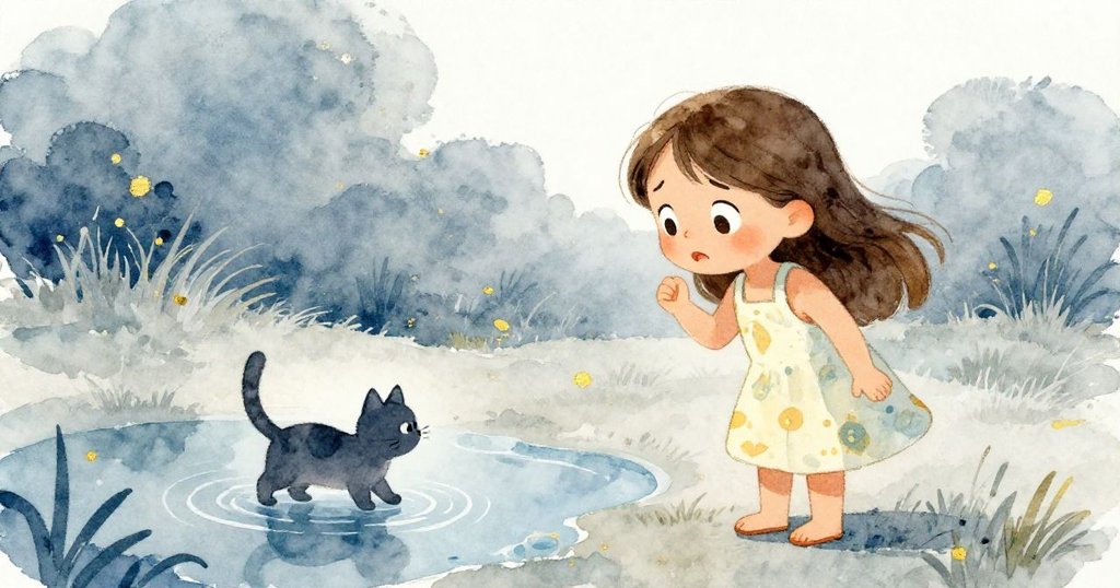 女孩在水面倒影中呼喚離去的貓咪，神情充滿憂慮，背景樹影搖曳自然流露轉折情緒。