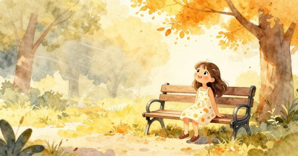 公園中微風吹拂樹葉與花朵，陽光灑下溫暖光芒，女孩靜臥旁觀自然韻律，氣氛寧靜宜人。