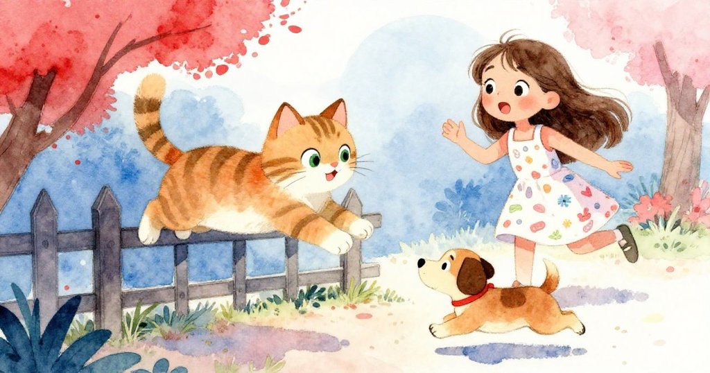 貓咪躍過籬笆，小狗活潑奔跑，女孩驚訝呼喊整個情景充滿活力與緊張轉折。