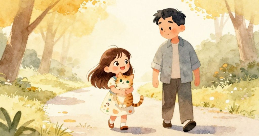 女孩溫柔擁抱貓咪，好心男子陪伴同行，背景開闊新路展現和諧情感與未來希望。