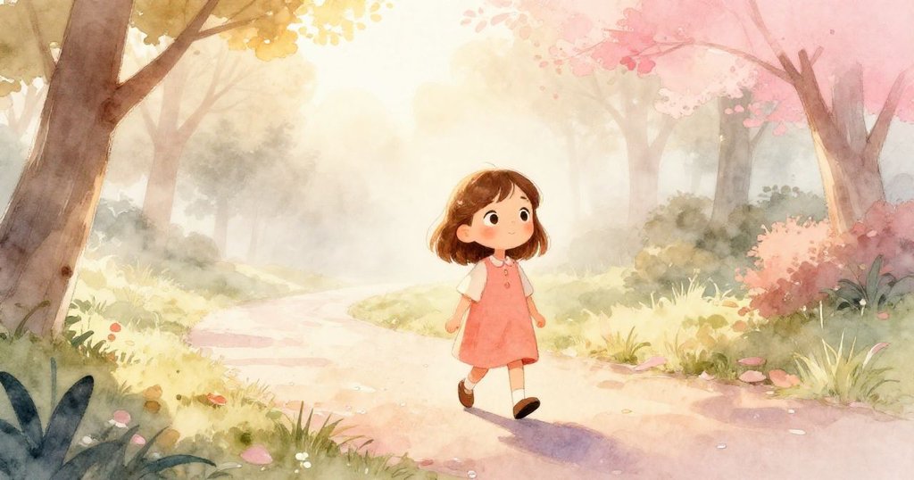 安娜走在薄霧早晨的公園裡，陽光柔和灑落，樹影幢幢，安娜充滿期待快樂探索自然景色。