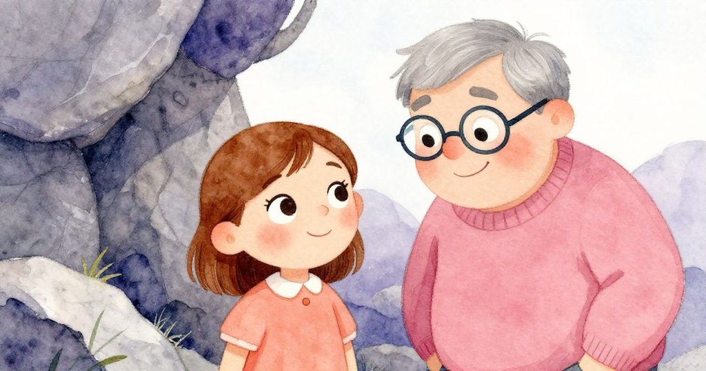 安娜與和藹地質學家在岩石旁熱情交談，面帶微笑，彼此手勢互動傳遞知識與溫暖情感。