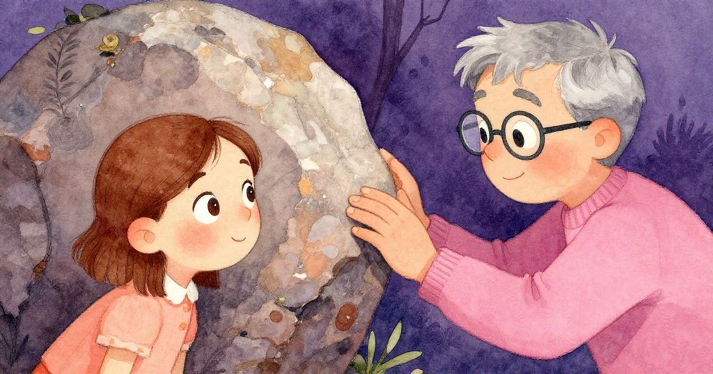 地質學家仔細觸摸古老岩石，岩石紋理清晰引人入勝，安娜在旁充滿好奇驚喜凝視細節。