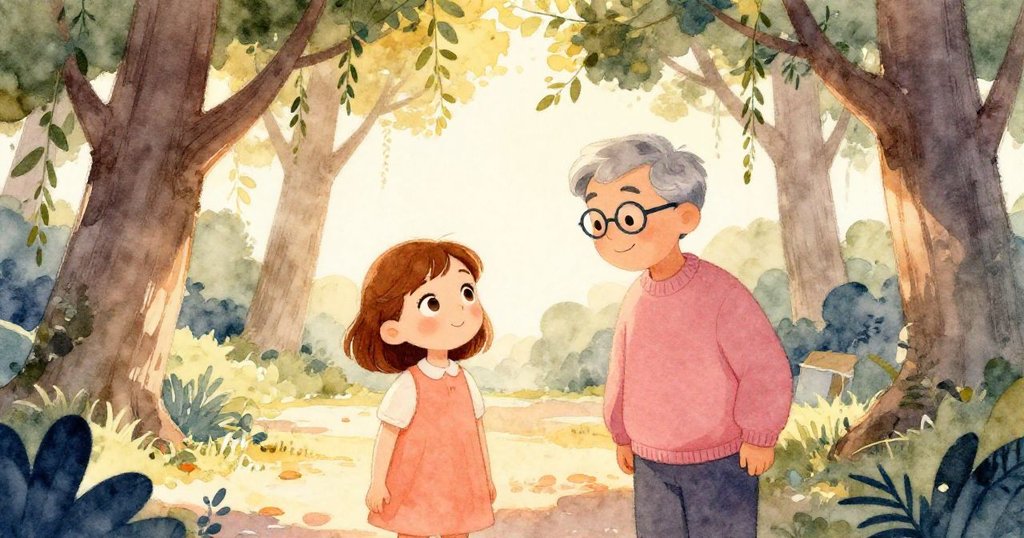 午後公園中，微風輕拂古樹搖曳，安娜與地質學家互動交流，動態風景顯露時間流動的溫暖氛圍。