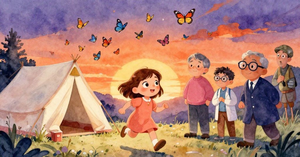 好奇科學家奔向展館，彩蝶在花園飛舞，安娜與地質學家驚喜凝望，動感活力展示自然魔幻時刻。