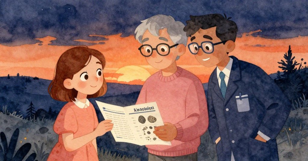 暮色中，安娜、地質學家與科學家圍繞化石圖表親切交流，臉上洋溢著溫馨笑容，象徵自然與發現聯結。