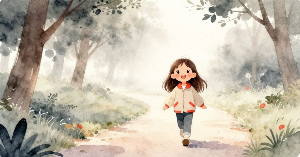 莉莉在晨霧彌漫的公園中漫步，柔和晨光中展現期待與喜悅，周圍樹木和長椅襯托出清新晨景