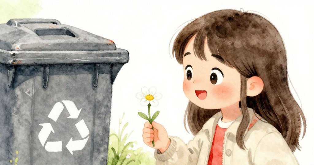 莉莉近距離注視著一朵盛開的小野花，臉上流露驚奇與喜悅，旁邊的舊回收箱突顯公園角落的溫馨氛圍