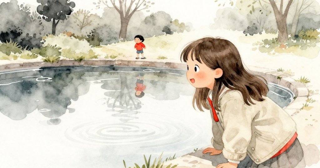 莉莉俯身凝望公園池塘中映出的自己，水面微光閃爍映出樹木倒影，營造出神秘溫馨的感覺