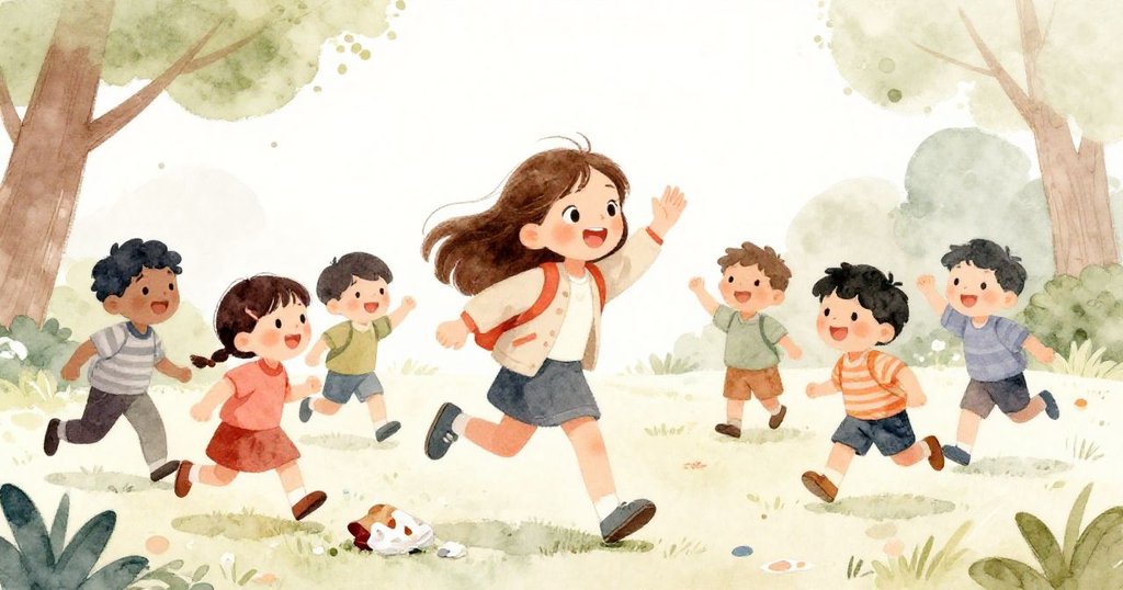 莉莉充滿活力地招呼朋友，一同奔跑清理散落的垃圾，動感十足展現團隊合作與快樂服務