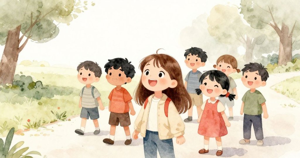 莉莉與朋友們站在整潔公園小徑上微笑凝望遠方，充滿希望與期待，共迎美好新旅程