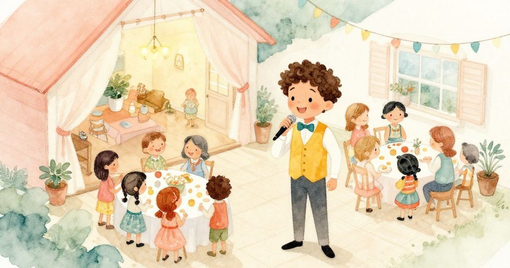 在家派對中，Singer Sam 與眾人歡笑交談，整體環境充滿溫馨燈光與節慶氣氛，展現熱鬧派對開場。