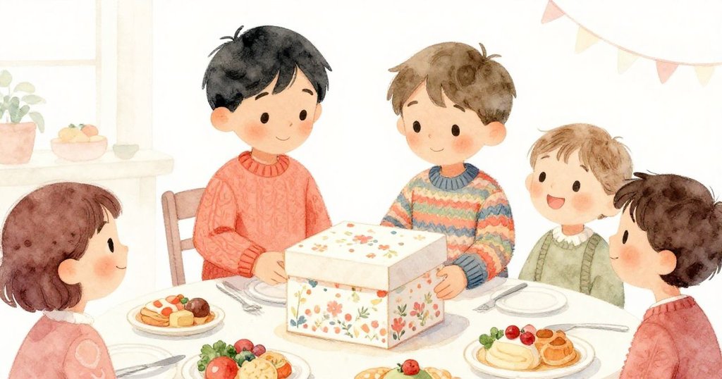 在溫馨餐桌旁，Guest Joe 正打開精緻蛋糕盒，眾友共享美食，環境充滿喜悅與慶祝情緒，氣氛生動活躍。