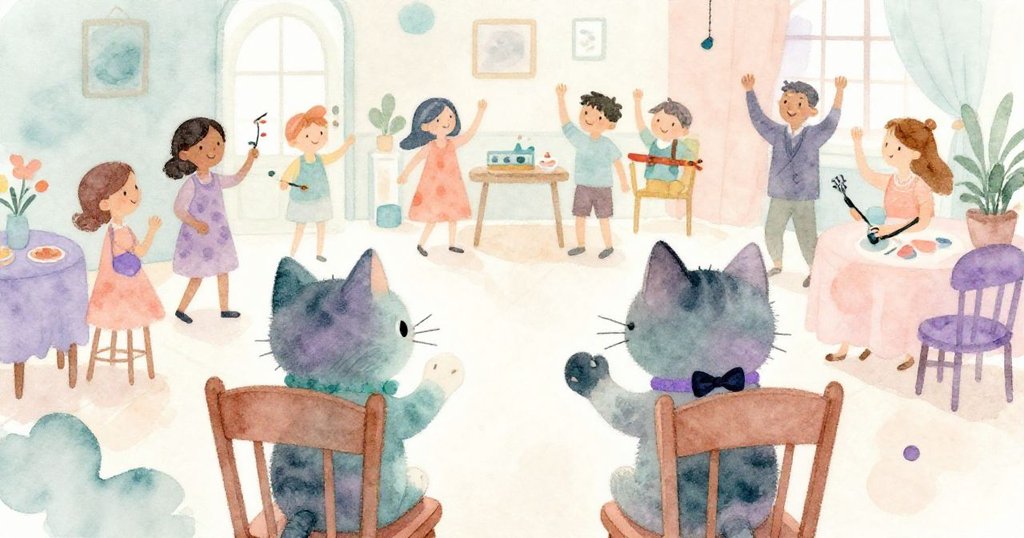 以寵物視角觀察，Mittens 和另一隻貓咪坐於椅上，觀看賓客熱鬧舞動與音樂流動，充滿好奇與歡樂情緒。