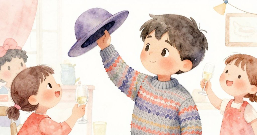 在慶典中Guest Joe 輕蹲尋找遺失帽子，神情由疑惑轉為溫柔微笑，眾人依舊歡樂，營造出轉折情感。