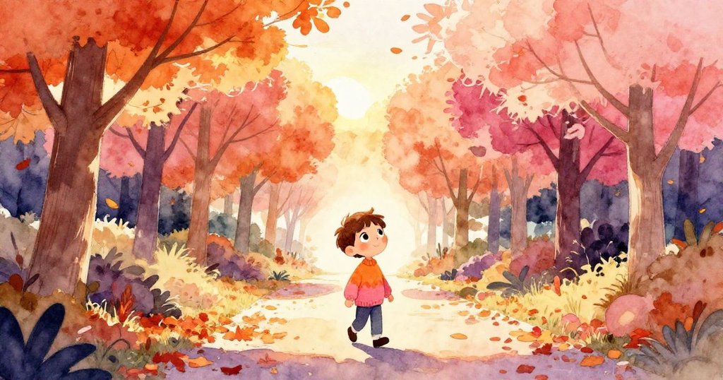 Alex穿著秋季暖衣，在公園中悠閒散步，落葉鋪滿小徑，展現期待與愉快心情，背景為燦爛秋色