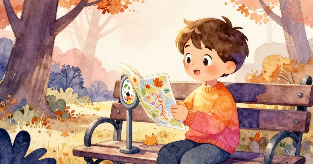 Alex安坐在公園長椅上，專注閱讀展示路徑的地圖牌子，神情好奇，背景呈現秋日溫暖金光與柔和色調