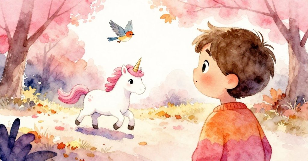 從後方看見Alex小心站起，觀察飛翔的小鳥與遠方奔跑的獨角獸，畫面充滿秋日溫馨與奇幻神采