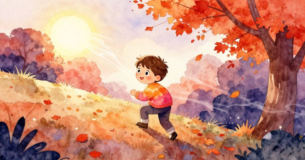 Alex在秋日暖陽下攀登小丘，紅葉滿地飛舞，神情愉悅，恰如自然律動與季節詩意交織