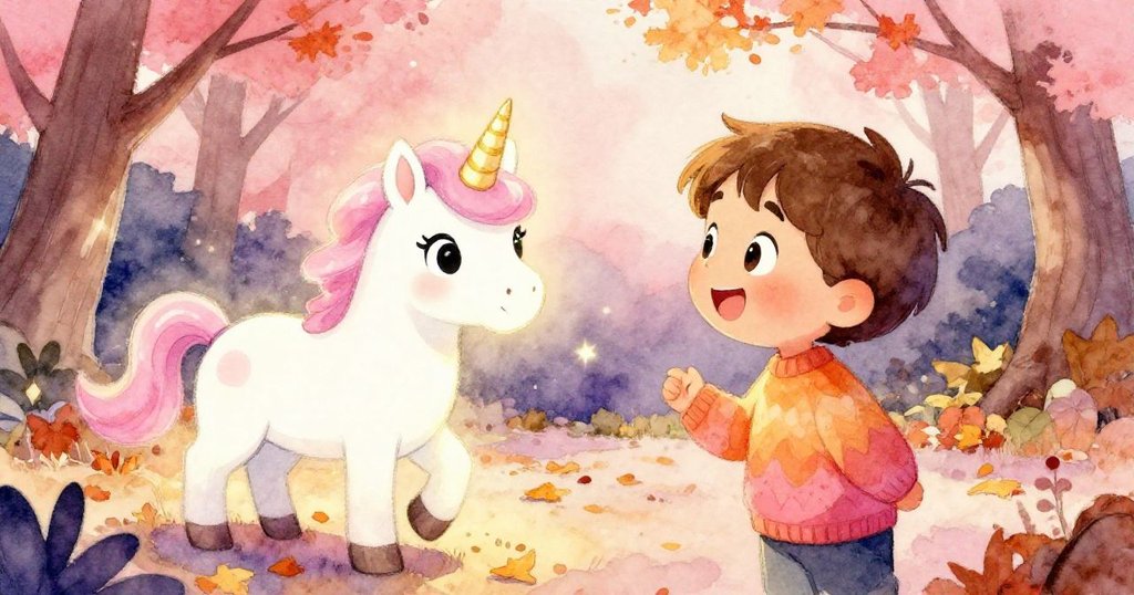 Alex驚喜發現一隻亮麗溫柔的獨角獸，臉上洋溢著喜悅微笑，在秋日小徑上快樂邁步，充滿奇幻美感