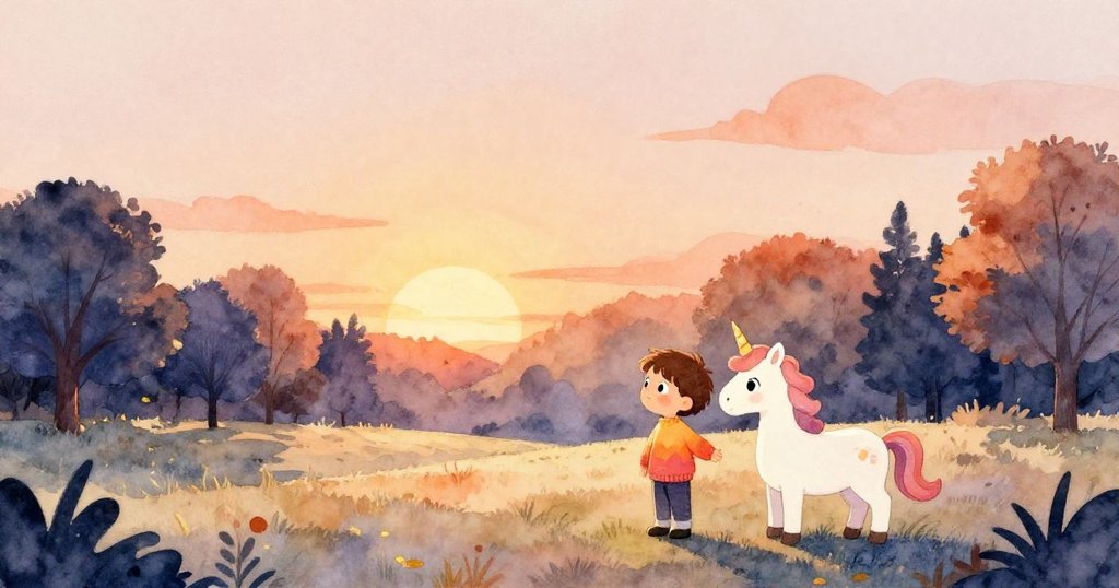 Alex與獨角獸在秋日寧靜公園中親切問候，夕陽映照下步伐溫柔，呈現平和與喜悅的完美結局