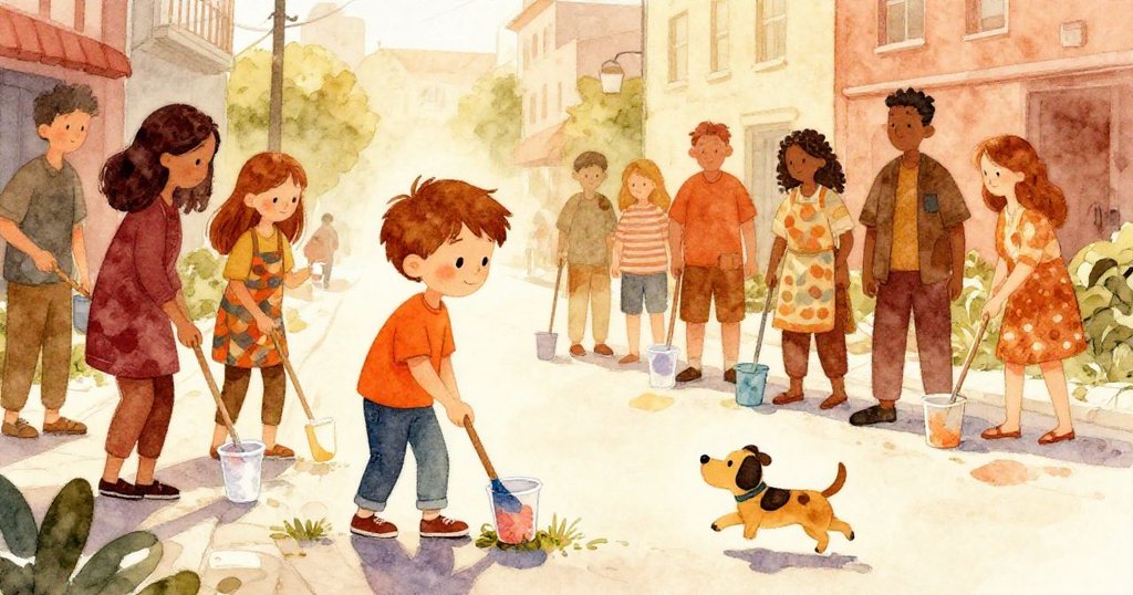 湯姆和安娜帶領家人與鄰居在陽光明媚的街道上清潔，狗兒奔跑、孩子歡笑，充滿熱情與團結的氛圍。