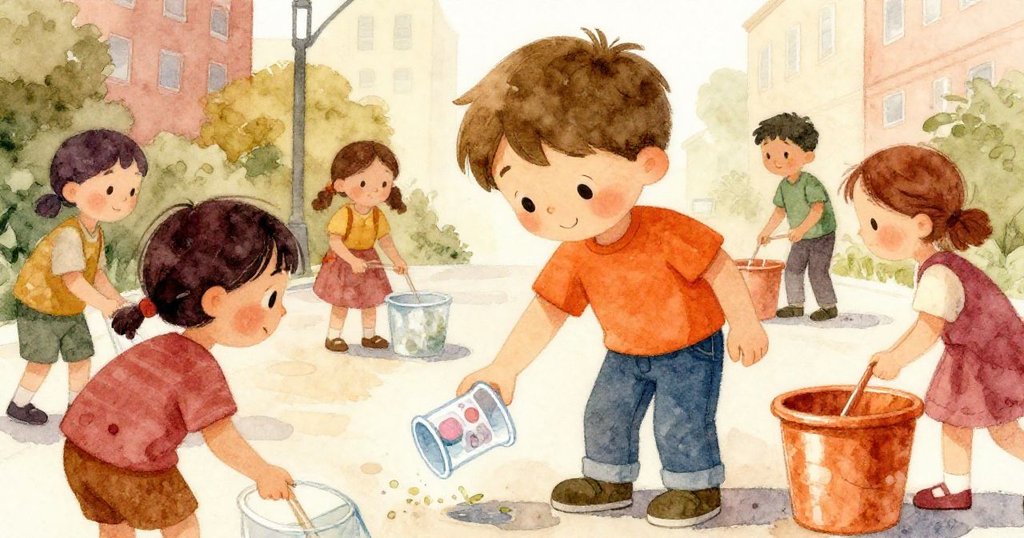 湯姆忙著撿起掉落的塑膠杯，小朋友在旁好奇觀看，背景是清潔中的街道，展現環保團隊的小細節和默契。