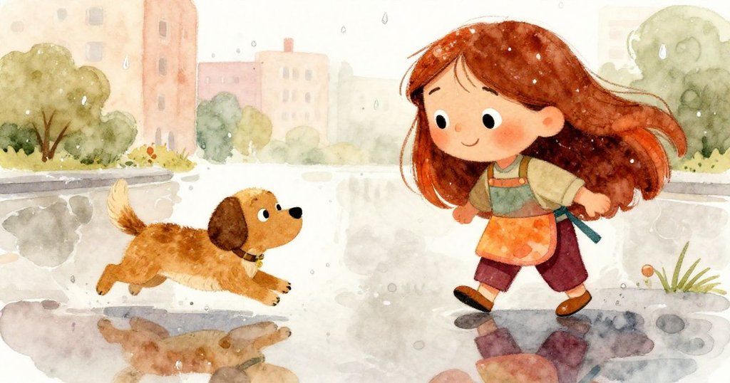 安娜在雨後觀察水坑中映出的笑臉和奔跑的狗倒影，水珠閃爍，展現清新童真的樂趣與變化。