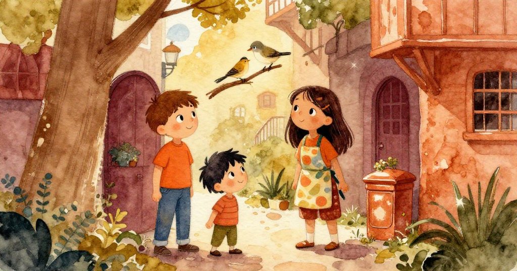 湯姆、安娜與孩子們在隱蔽小角落發現清新空間，小鳥輕降枝頭，氛圍靜謐又充滿驚喜與好奇。