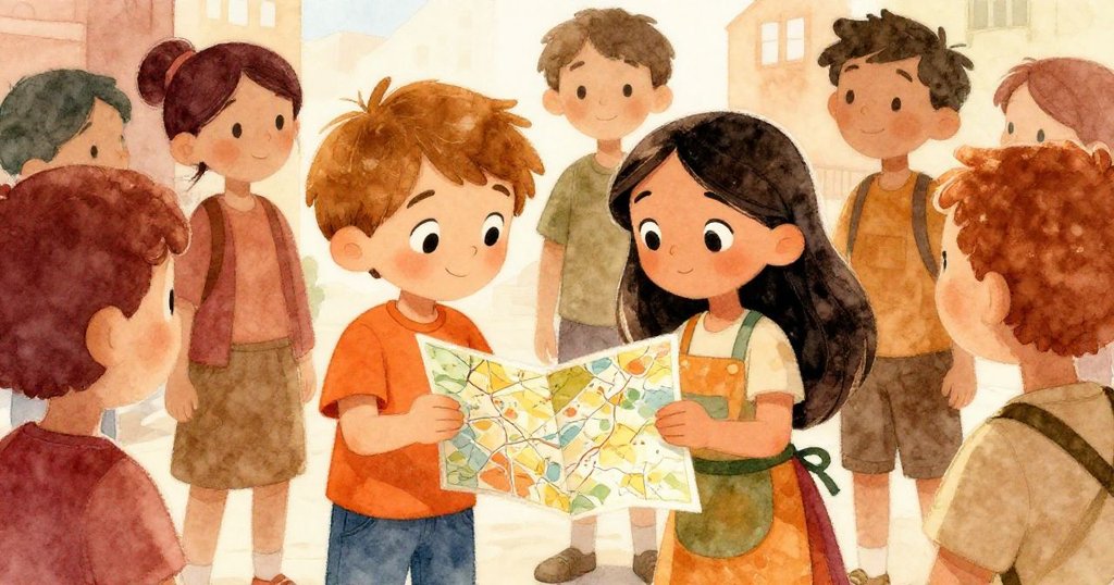 湯姆與安娜攜手查看地圖，團隊圍繞討論下一步計劃，充滿決心與溫馨，展現出協作與期待的瞬間。