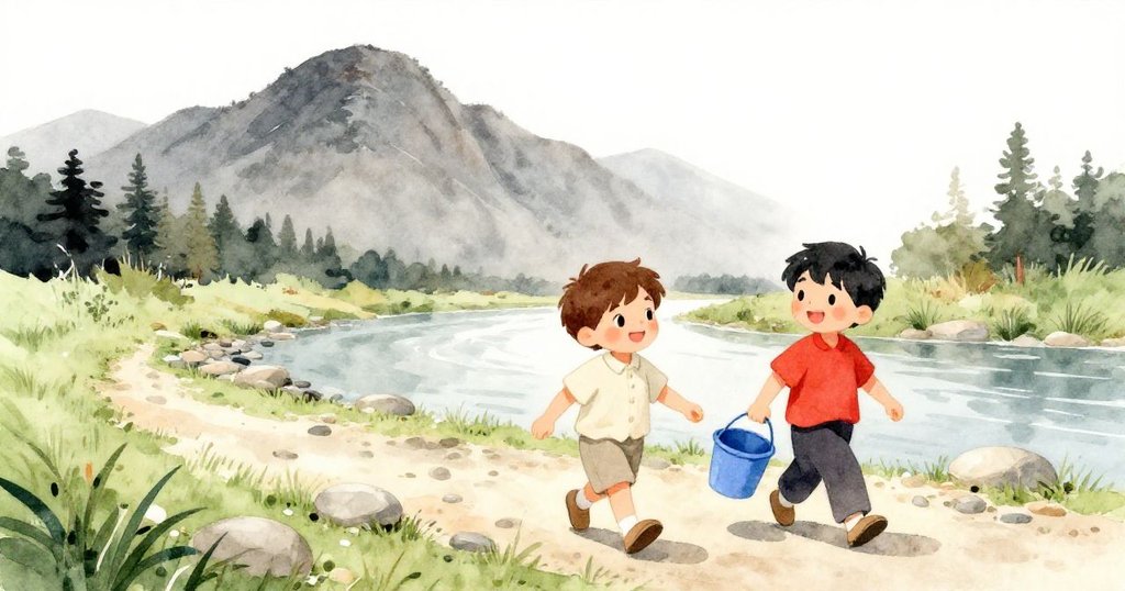 Tom和Sam在陽光普照的河邊散步，藍色水桶隨手擺動，背景有綠草和遠山，表情愉快充滿期待