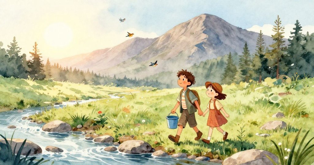 Tom正專注地用手舀取河水，藍色水桶上閃耀著晶瑩水珠，背景隱約見到河流，表情充滿探索與喜悅