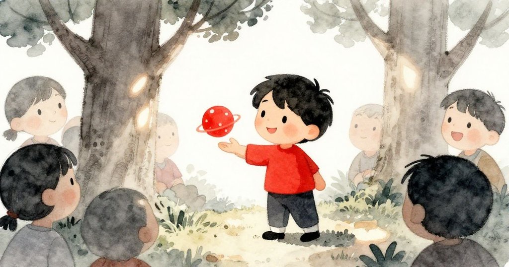 在隱蔽樹叢中，Sam展示神秘紅色星球，聚會人群驚奇凝視，現場氣氛既神秘又溫暖充滿驚喜