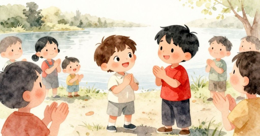 河邊聚會中，Tom和Sam帶動眾人熱烈慶祝，大家開心鼓掌，表情洋溢快樂與愉悅，場景充滿溫暖氣息