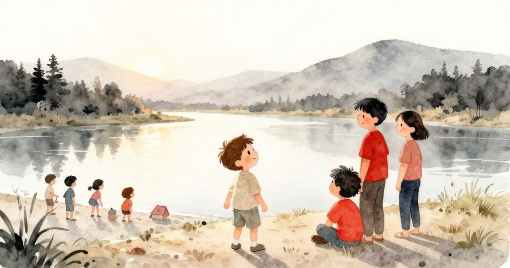 在夕陽餘暉下，Tom與Sam與眾人聚集在寧靜河畔，遠山作背景，每個人面帶平和微笑，場景充滿和諧安寧