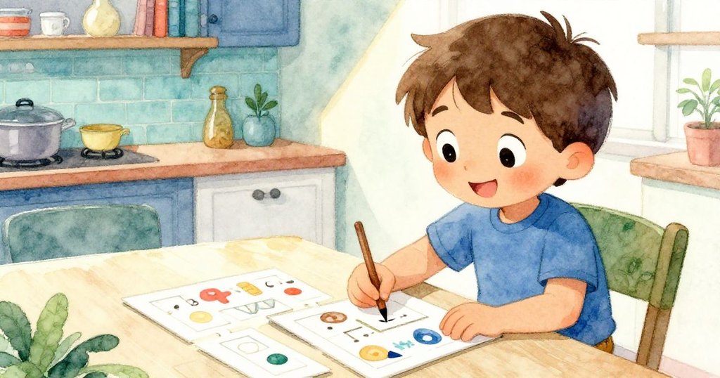 湯瑪在廚房桌前專注閱讀數學謎題，臉上滿是驚喜與好奇，溫暖日光柔和映照其表情。