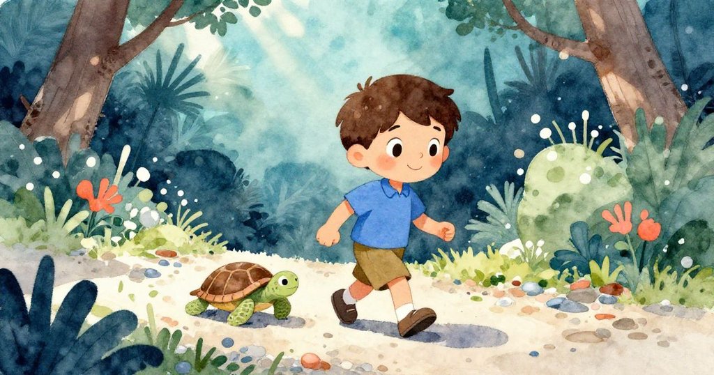 湯瑪沿著隱蔽碎石小徑追隨小烏龜，低角度強調他的堅定眼神與自然景致，陽光透樹輕灑。