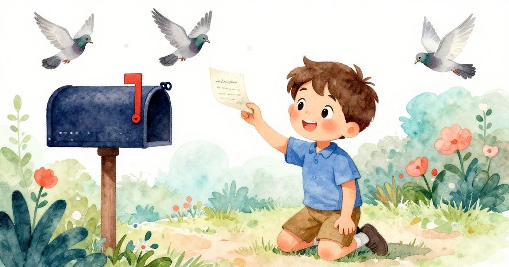 湯瑪在小花園中蹲著拾取從老舊信箱中飛出的紙條，溫柔微風帶動紙條飛舞，鴿子在空中翱翔。